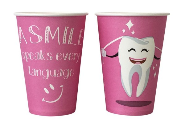 Mundspülbecher Hartpapier, recyclebar, Zahndesign rosa, 180ml